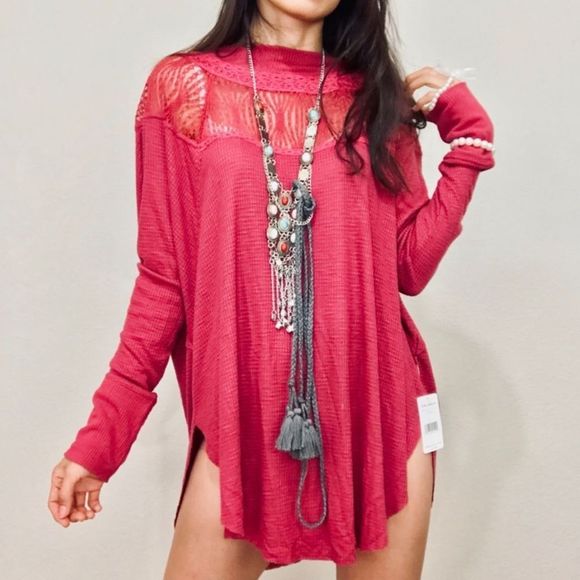 Free People Red Lacey Mock Neck Tunic - Picture 2 of 7